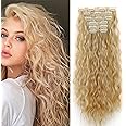 Gairyan Clip in Hair Extensions Curly Wavy Long Hair Pieces 6PCS Full Head Synthetic Hair Extension Thick Natural Look for Women, 20 Inches 140g, Dark Blonde & Bleach Blonde