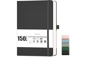 EMSHOI A5 Notebook Dotted Journal - 150gsm Thick Paper, Hardcover Leather Dot Grid Notebook for Women Men Bullet Journaling with 128 Pages, Journal Stencils, Inner Pocket, 21.3 x 15 cm, Black