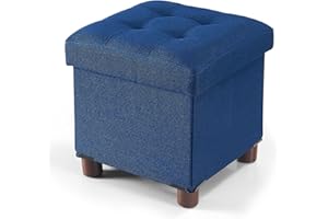 BRIAN & DANY Reposapies Salon 32x32x32.5cm, Lino Reposapies Sofa de Almacenamiento Tapizado en Esponja con Patas de Madera Maciza, Azul