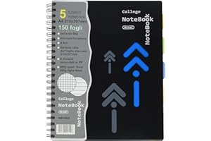 Wiler NB150A Quaderno Maxi Spiralato A4 con 4 Fori e Microperforazione, 150 Fogli e 5 Divisori in PP Removibili. 90fg Quadretti 5mm + 60fg Righe 8mm