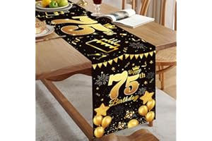 DOMGOGE Happy 75th Birthday Table Runner Black Gold 75th Birthday Table Runner for Men Women 75 Years Old Birthday Anniversary Celebration Party Non-Slip Dining Table Linen Cloth Decorations, 180x35cm Long