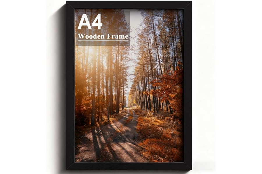 A4 Picture Frame, Wooden Photo Frame, Versatile Black Frame with Safe Perspex Front & Wall Hanging Hooks - For Display, Landscape or Portrait Orientation, Wall-Mount & Desk Stand