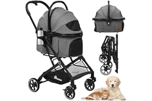 YITAHOME Dog Pram, Pet Stroller, Foldable Dog Pushchair for Medium Dog 15kg, Dog Buggy with Detachable Carrier Storage Basket, Cup Holder, Pet Carrier on 4 Wheels (Grey)