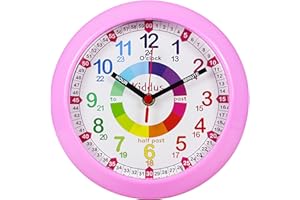 Kiddus Wall Clock for Boys and Girls. Silent Analogue Time Teacher with Exercises. Easy to Read and Learn the Time. Pink