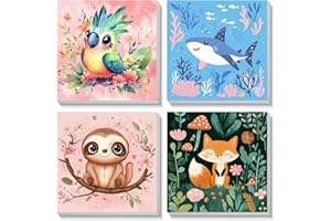 Bowetile 4Pcs Dipingere con i Numeri per Bambini Animali con Cornice, Kit Lavoretti Creativi per Bambini 4-8-12+ Anni, Pittura Acrilica Numerata Per Decorazione Della Casa, 20X20 cm