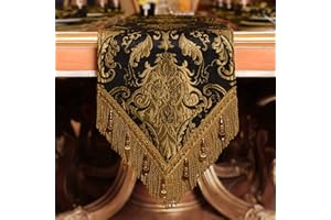 TOPLUXE Table Runner with Handmade Tassels, Luxury Table Runner for Dining Room/Restaurant/Banquet/Festival Decoration (33x274cm, Black)
