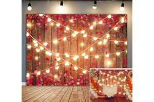 BINQOO Rustic Wood Floor Valentine's Day Photography Backdrops Glitter Lighting Red Love Heart Wall Backdrop Couple Bridal Anniversary Party Decor Supplies (plank, 7x5FT)