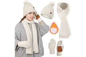 CHRITICE Mütze, Schal & Handschuh-Sets für Damen, Mütze Damen Winter mit Bommel Fleece Gefütterte, Schal Touchscreen Handschuhe 3 in 1 Set Damen Mütze und Schal Set Damen Winterset Damen, Geschenk für Frauen