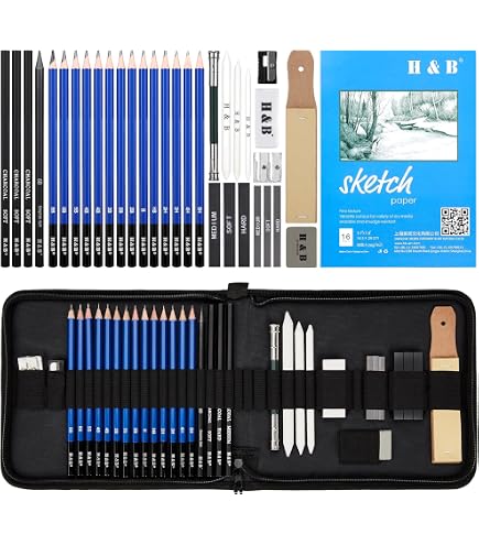 Kit De Dessin Professionnel 33 Pièces - Crayons Graphite 2H à 8B, Fusains, Accessoires - Pour Artistes - 9