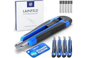 LAINFELD Zestaw noży do cięcia | 5 noży do dywanów + 50 ostrzy | ostrza 18 mm | profesjonalny nóż do cięcia dywanów nóż do tapetowania nóż katamowy
