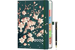 HWXBEN Agenda 2026 Journalier – Une Page par Jour A5, Planificateur Quotidien et Mensuel avec Onglets Colorés, Porte-stylo, Couverture Rigide Vert Foncé