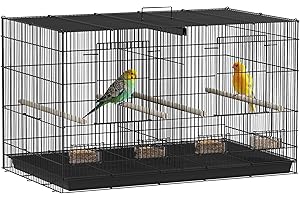 PawHut Cage à Oiseaux volière intérieur en Acier avec séparateur, 4 perchoirs en Bois, Plateau Coulissant, 4 mangeoires, pour perruches, canaris, pinsons, 76 x 46 x 46 cm, Noir
