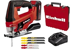 Einhell Seghetto alternativo a batteria TC-JS 18 Li (1x2,5 Ah) Power X-Change (ioni di litio, 18 V, movimento pendolare, attacco di aspirazione, batteria 1x 2,5 Ah, caricabatteria e valigetta)