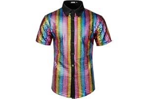 JOGAL Herren Pailletten Kleid Shirt 70er Disco Party Kustüm