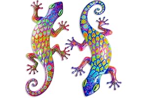 AOFOX 2 piezas de metal gecko decoración de pared lagarto jardín arte escultura colgante de color para interior exterior patio valla (amarillo y azul)