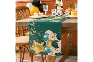 HANRUNSI Tischläufer Geburtstag Grün Ballon Buntes Band Alles Gute zum Geburtstag Tischläufer Leinen Grün Geburtstag Tischläufer Küche Esstisch Dekoration mit Gold Weiß Grün Luftballons 33x183cm