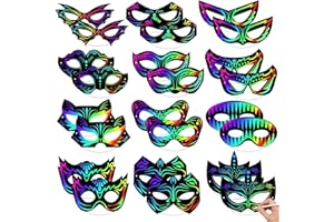 COSYSPARKS Masken Kratzbilder für Kinder, 24 Stück DIY Papiermasken zum Dekorieren von Kindern Lustige Magie Scratch Art Masken Craft Kit für Geburtstag Cosplay Themenparty