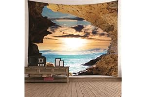 MUSIHY Wandteppiche Groß 300 x 250, Wandbehang Höhle, Wandteppich mit Motiv, Meer Sonnenuntergang Grotte Felsen für Wohnkultur (Braun, Blau, Polyester)