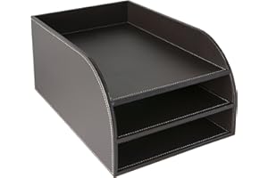 OSCO Brown Faux Leather Three Tier Letter Tray, A4 Desk File Organiser, Paper Storage, Office Document Sorter, Paperwork Filing, Desktop Storage, No Assembly, Home Office, H17.5 x W25 x D37.5 cm