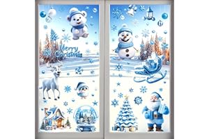 AhfuLife 173 Pezzi di Vetrofanie Natalizie per Finestre, 9 Fogli di Adesivi Blu Autoadesivi Riutilizzabili a Doppio Lato, Babbo Natale, Pupazzo di Neve e Albero per Decorazioni Natalizie