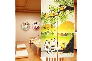 LIGICKY Noren Rideau Japonais Long Tapisserie Fenêtre Rideaux Panneau Tenture Tapisserie Décoration (85×150cm，Chouettes & Chats & Montagne