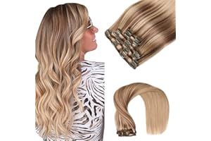 VINBAO Extension Capelli Veri Clip, Dal Castano Cenere al Biondo Caramello, 100g Remy Umani Naturali Capelli Extension con Clip 40cm 6pcs (#C10/16/16, 16'')