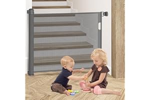 Kidsbuddy Barrière de Sécurité Rétractable,Barrière Retractable pour Enfant et Chiens,Opération à Une Main,Bébés et Chiens Barrière pour Escaliers,Couloirs,Cuisine,Intérieur et Extérieur,Gris-150 CM