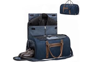 Zingtto Convertible Garment Bag for Travel, Garment Duffle Bag with Organizer Insert Mesh Bag, Carry-on Foldable 2 in 1 Hanging Suit Bag, Heavy Duty Large Vegan Leather Weekender Bag, Navy Blue
