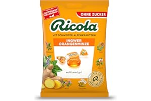 ‎RICOLA Ricola Ingwer & Orangenminze, 75g Beutel Original Schweizer Kräuter-Bonbons mit 13 Alpenkräutern, zuckerfrei, 1 x 75g, vegan