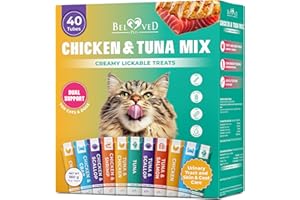 Beloved Pets Creamy Lickable Cat Treats & Wet Squeeze Tubes – Tuna Mix, Liquid Cat Snacks, Urinary Care, Multivitamin Treats for Cats & Small Dogs, Lick Up - MIX 40 sticks
