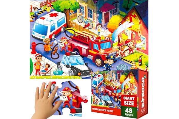 QUOKKA Grand Puzzle Enfant 3 4 5 Ans - 60x90 cm 48 Pièces Puzzle Géants de Sol pour Enfants 5 6 Ans - Camions de Pompiers Jouet pour Garçons et Filles - Educatif Cadeau
