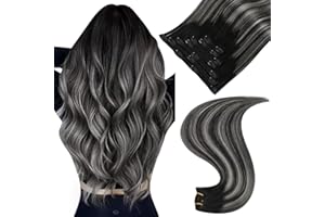 ‎EASYOUTH Easyouth Echthaar Clip in Extensions Ombre Echthaar Clip in Extensions Off Black Mix Silber und Off Black Clip in Extensions Echthaar Remy Glatt 16 Zoll 7Pcs 100g #1B/Silver/1B