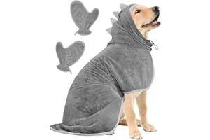 JOLOVE Dog Drying Coat Super Absorbent Dog Towels for Drying Dogs for After Bath Soft Dog Drying Towel Adjustable Dog Bathrobe for Bath, Swim, Wet Walk (Gray Dinosaur, XL)