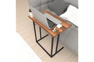 [en.casa] Stolik do laptopa Högsby stolik pomocniczy w kształcie litery C, stolik kawowy z metalowym stelażem, stolik do salonu, sypialni, stolik do łóżka, orzech włoski