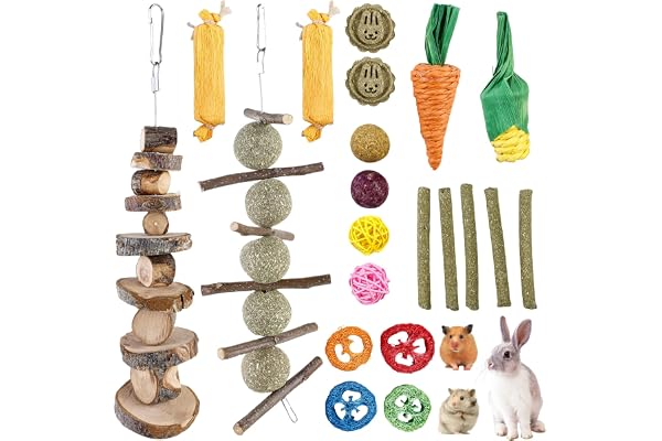 BAIFULAI Lot de 21 jouets à mâcher pour lapin et petits animaux, avec bâtonnets de pomme et timothy foin, soins dentaires
