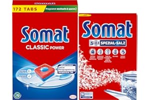 ‎SOMAT SOMAT Classic Power Spülmaschinen Tabs (172 AW), Geschirrspül Tabs mit Fettlösekraft für kraftvolle Reinigung & strahlend sauberes Geschirr sogar bei niedrigen Temperaturen + 5in1 Spezial-Salz 1,2 kg