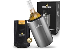 ‎BARMINGO BARMINGO Weinkühler Edelstahl mit 2 Kühlakkus – Getränkekühler & Flaschenkühler für Wein, Sekt, Champagner | Sektkühler doppelwandig mit Kühlmanschetten | Weinflaschenkühler | Silber