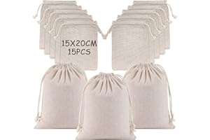 MOVYEE Sacchetti Cotone Riempire con Coulisse,Sacchetto Regalo di Tessuto Piccoli,Sacchi Juta Lino,DIY Bambini (15x20cm)