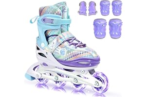 Sportneer Inline Roller Skates, Roller Boots Adjustable Size 11-7 with Illuminating Wheels Roller Blades Protective Gear Set for Gilrs Women