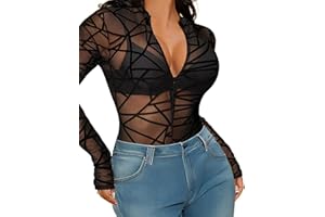 Avidlove Body sexy in pizzo e rete da donna body elegante con cerniera camicetta a maniche lunghe camicia da festa abbigliamento da discoteca