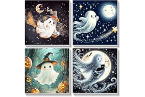 Bowetile Halloween 4 Pack Framed Paint by Numbers for Adults Kids, Pumpkin Painting by Numbers Kit for Children Beginners Canvas Kit, DIY Color Oil Painting Acrylic Paints for Home Wall Decor 20x20cm