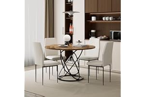GOLDFAN Esszimmer-Set mit Rundem Tisch 120 cm und 4 Stühlen aus Bequemen Stoffen, Essgruppen Tisch 120 cm, Rund, mit Stuhl für 4-6 Personen (Beige)