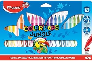Maped - Feutres Jungle Color’Peps - 24 Feutres de Coloriage - Lavables et Résistants au Séchage - Pointe Moyenne Bloquée - Couleurs Vives - Idéal Fournitures Rentrée Scolaire - Pochette Carton