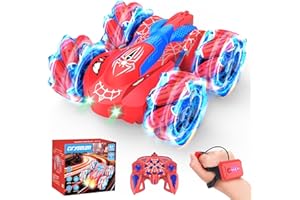 Qryselen Ferngesteuertes Auto, 2,4 GHz, RC-Autos mit LED-Leuchten, doppelseitiges Offroad-360°-Rollen, wiederaufladbares 4WD-RC-Stunt-Auto, Indoor-Outdoor-Spielzeug für Kinder von 6–13 Jahren (Rot)