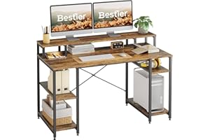 Bestier 140CM Computer Desk with Monitor Shelf Gaming Desk with Shelves Writing Desk with Storage Ideal Office Desk &Workstation for Small Space (Rustic Brown)
