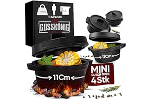 ‎GUSSKÖNIG GUSSKÖNIG Dutch Oven Set Mini - 4x 300ml Gusseisen Mini Topf mit Deckel - bereits eingebrannter Mini Dutch Oven - Mini Cocotte Gusseisen Servierpfännchen