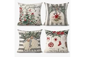 AIBIIN - Juego de 4 fundas de almohada de Navidad con tiras grises, fundas de almohada de lino con diseño de árbol de Navidad, para Año Nuevo, sala de estar, sofá, silla, oficina, decoración para el