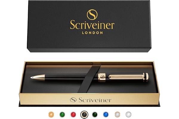 Scriveiner Stylo Bille Coffret Stylo à Bille Noir Laqué Finition Plaqué or véritable, Rechargeable et Rétractable, Beau Cadeau pour Homme & Femme avec Boîte, Accessoire de Bureau Professionnel