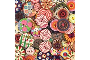 CHSTARINA 100 Pcs Boutons de Couture Boutons Rétro en Bois Rond Peinture de Fleurs Géométries Multicolore 2 Trous Boutons Décoratifs pour Couture Artisanat Bricolage Ornement Fait à la Main 20mm