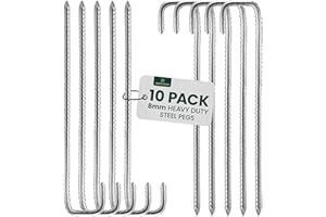 GREEN HAVEN Ultra-Strong Heavy Duty Tent Pegs Pack of 10 - Extra Thick Tent Metal Camping Pegs, Rust Proof J-Pin 8mm Thick Peg, Ideal for Agricultural Fences, Camping, Garden